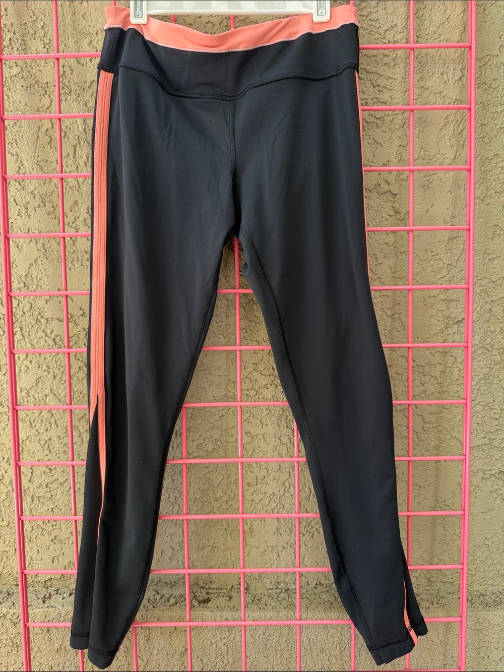 Lululemon Black Leggings with Coral Waistband & Side Stripe